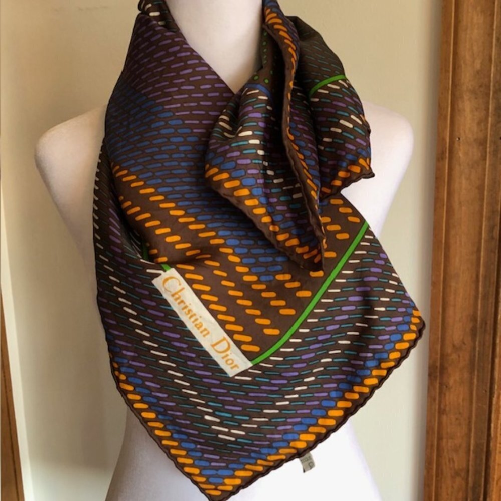CHRISTIAN DIOR Silk Geometric Large Square Scarf Earth Tones Vintage - Picture 8 of 16